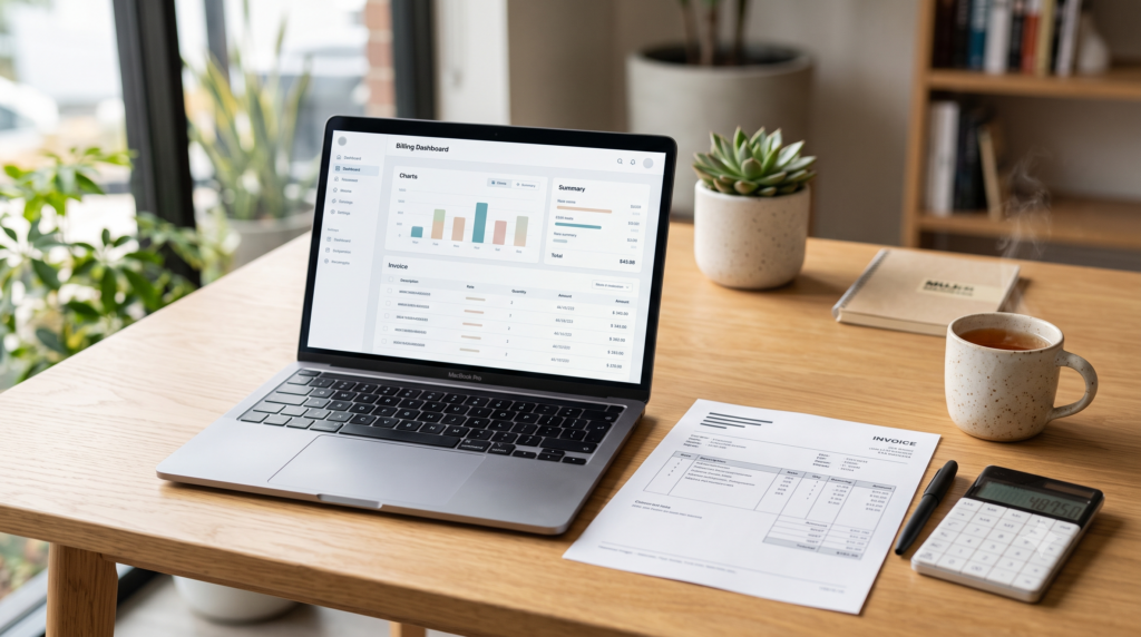 Alpinesoft Billing Software dashboard displayed on a laptop in a small business workspace with GST invoice documents.