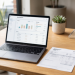 Alpinesoft Billing Software dashboard displayed on a laptop in a small business workspace with GST invoice documents.