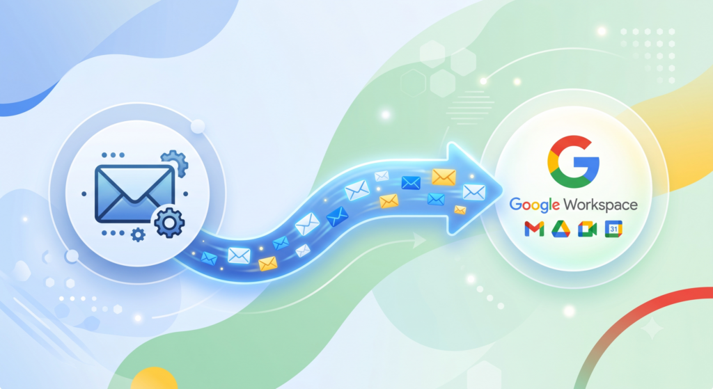 Illustration showing email migration from an IMAP server to Google Workspace