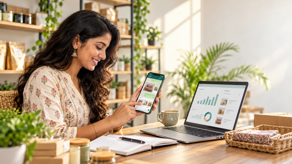 Small business owner replying to a customer enquiry on WhatsApp to grow their business
